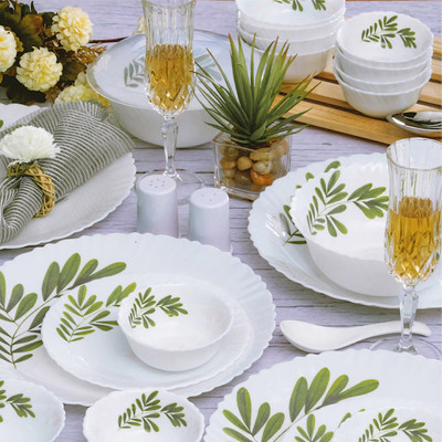 White & Green 31 Pieces Floral Printed Opalware Glossy Dinner Set