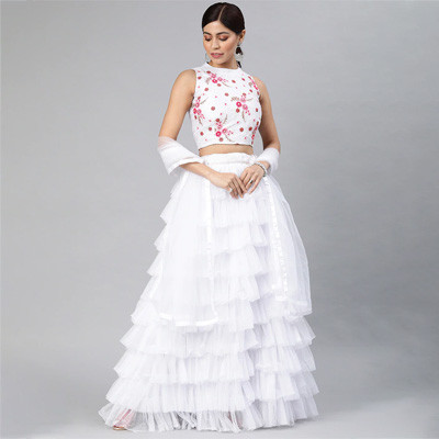 White Semi-Stitched Ruffled Lehenga & Blouse with Dupatta