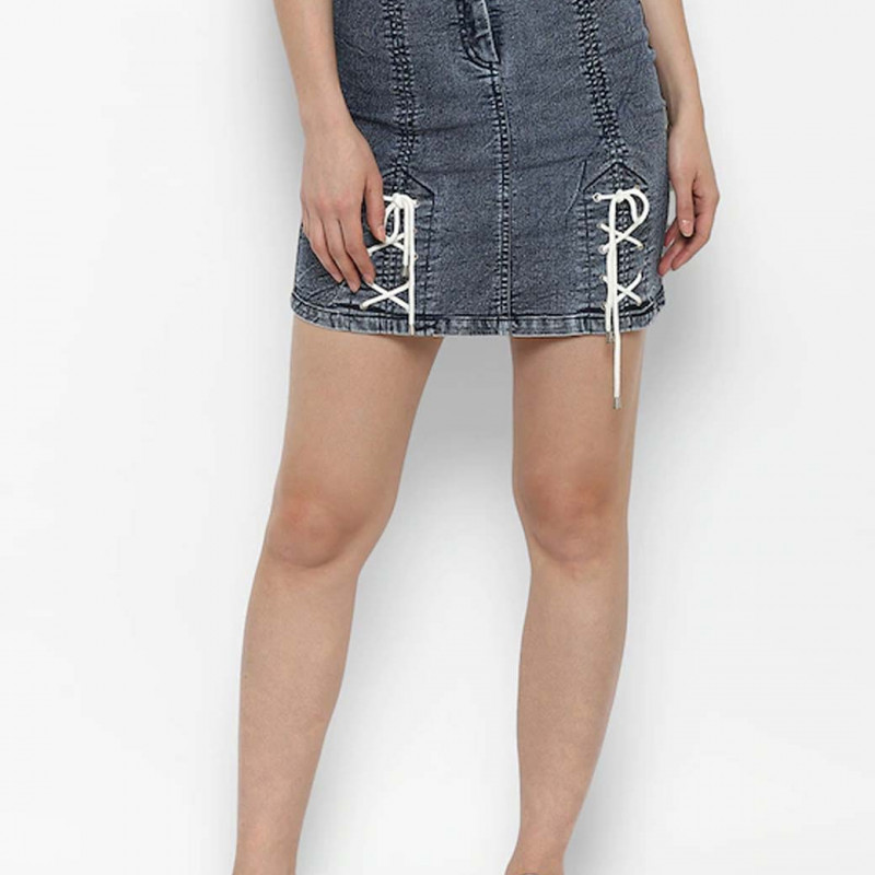 Women Blue Washed A-Line Denim Skirt