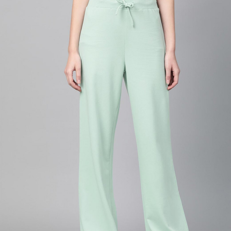 Women Mint Green Solid Wide Leg Track Pants