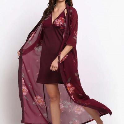 Burgundy & Pink Floral Printed Nightdress With Robe