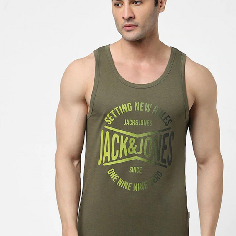 "Men Green Printed Cotton Innerwear Gym Vests "