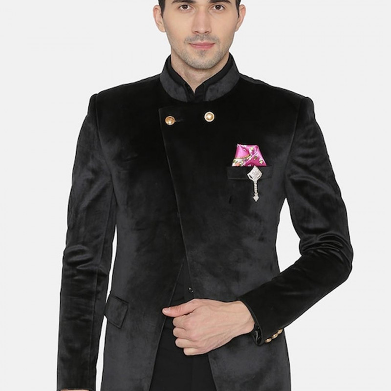 Men Black Solid Regular Fit Bandhgala Blazer