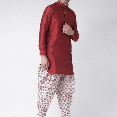 Men Off White & Maroon Printed Dhoti