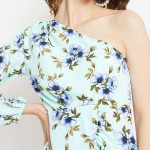 Women Green Floral One Shoulder Crepe Mini Dress