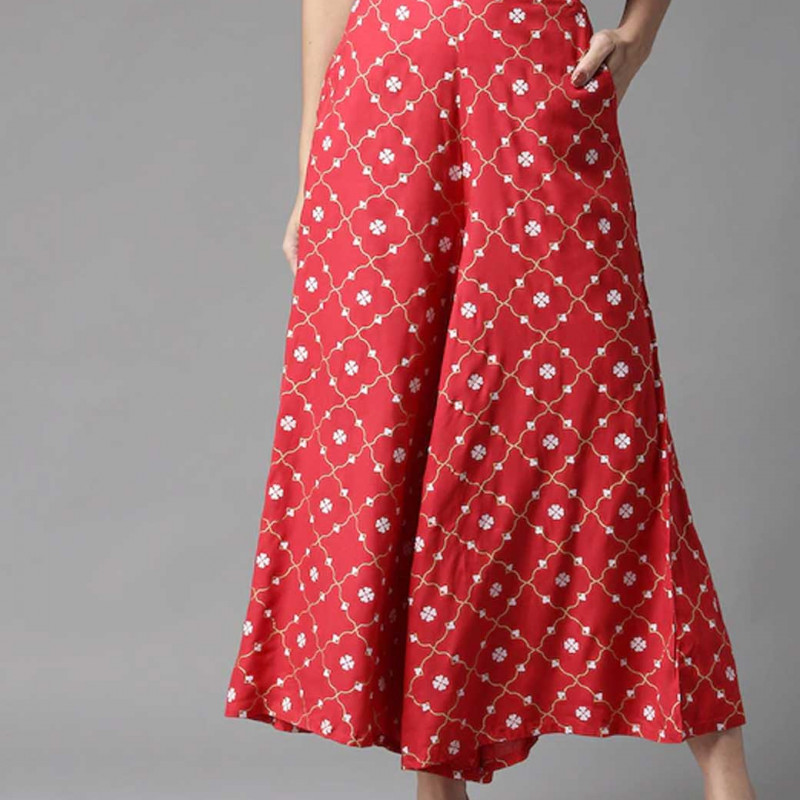 Women Red & White Printed Wide Leg Palazzos