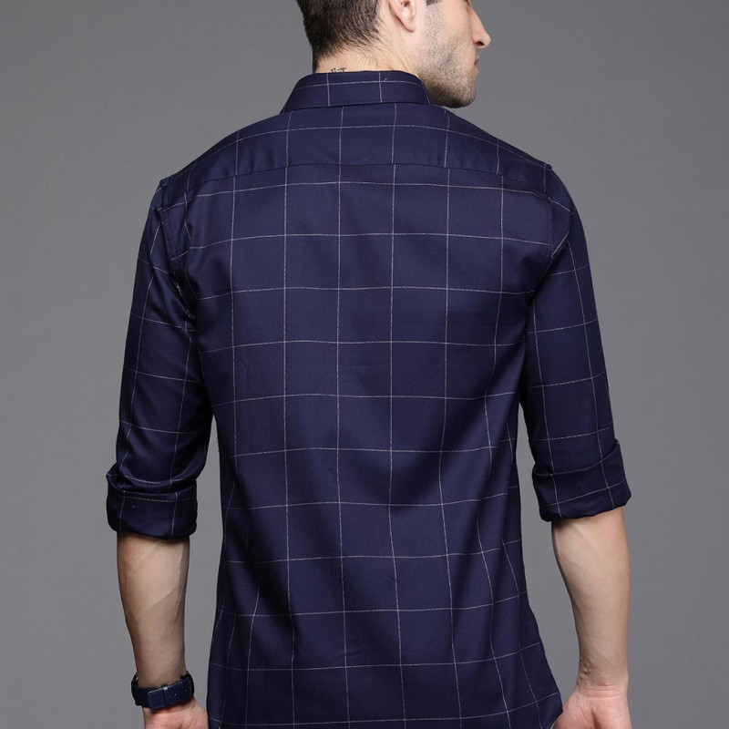 Men Navy Blue & White Sport Fit Checked Pure Cotton Casual Shirt