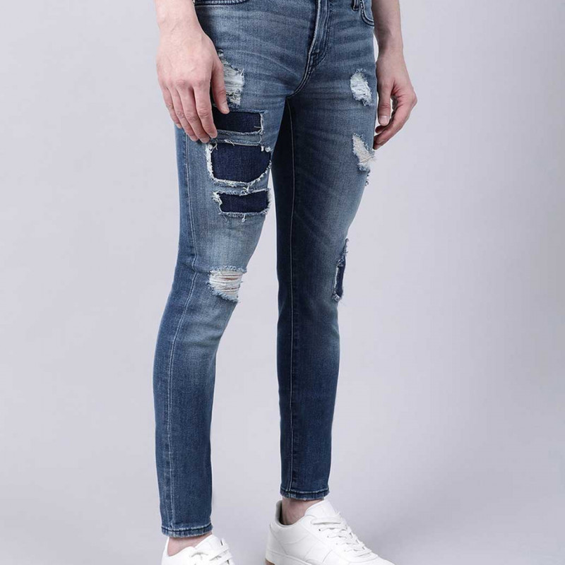 Men Blue Skinny Fit Highly Distressed Heavy Fade Jeans