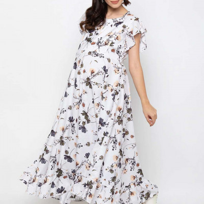 Women White & Green Floral Printed Maternity Nursing Maxi Dress